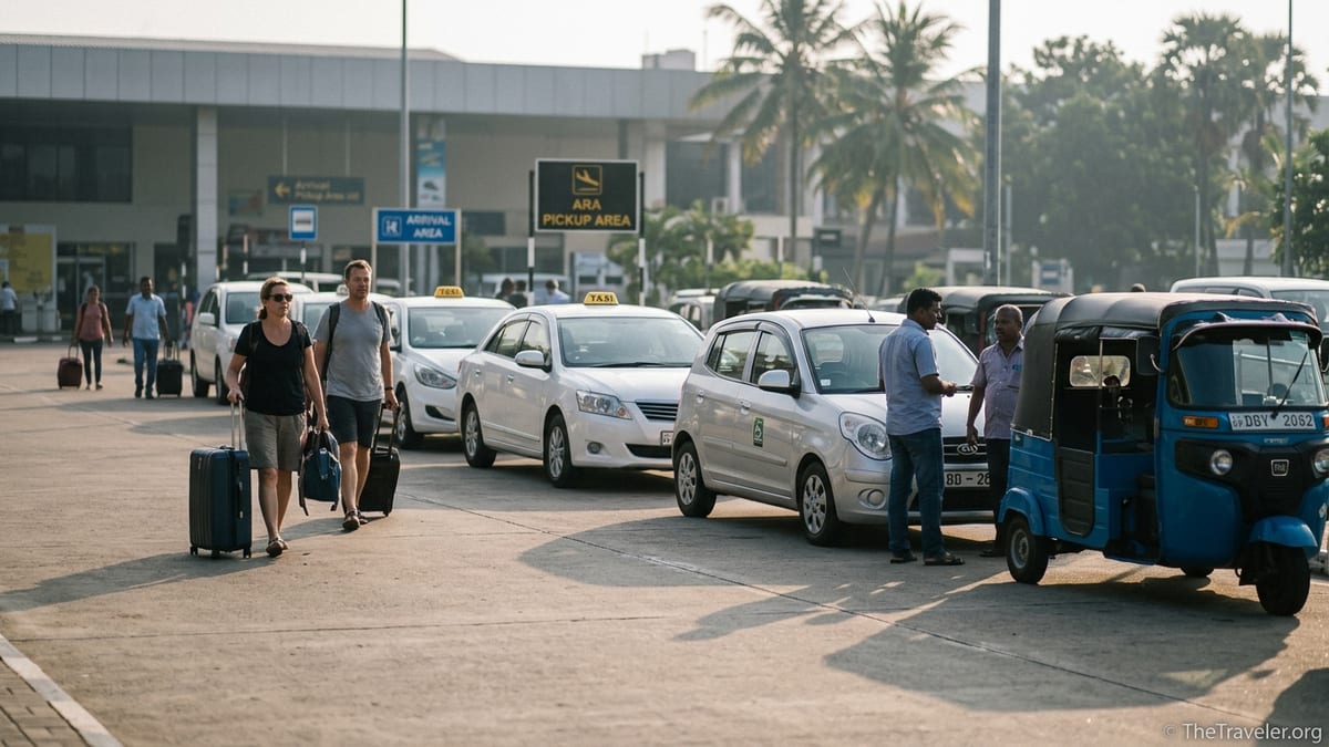 Travelers leaving Bandaranaike Airport toward taxis and a tuk-tuk for the short transfer to Negombo.