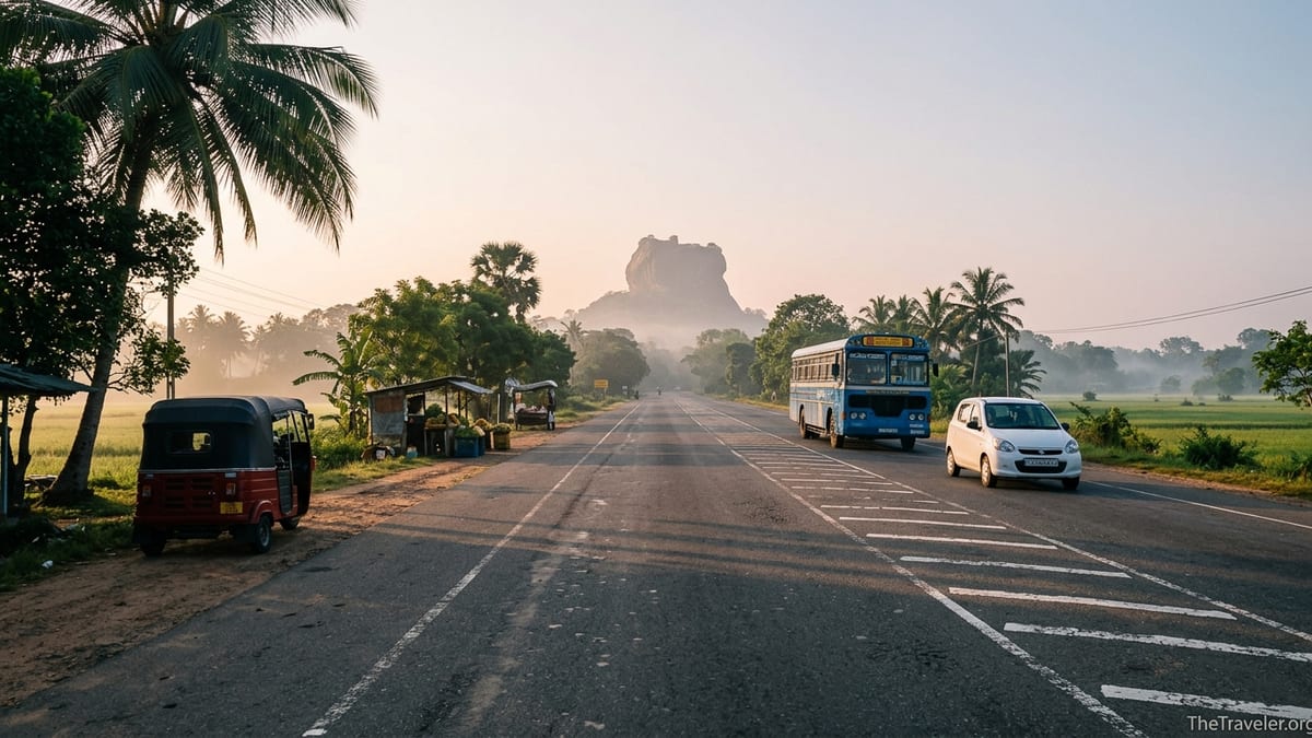 Rural highway near Sigiriya at sunrise with a car, bus and Lion Rock in the distance.