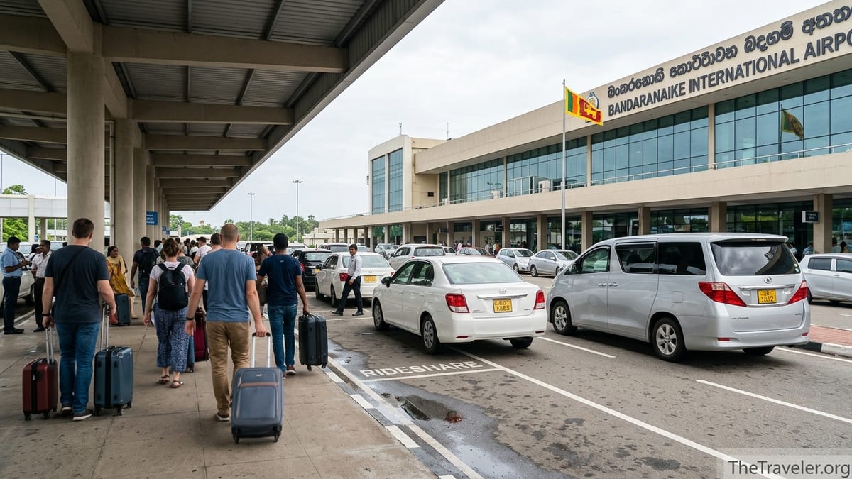 Travellers with luggage meeting cars at the rideshare pickup area outside Colombo Bandaranaike Airport.