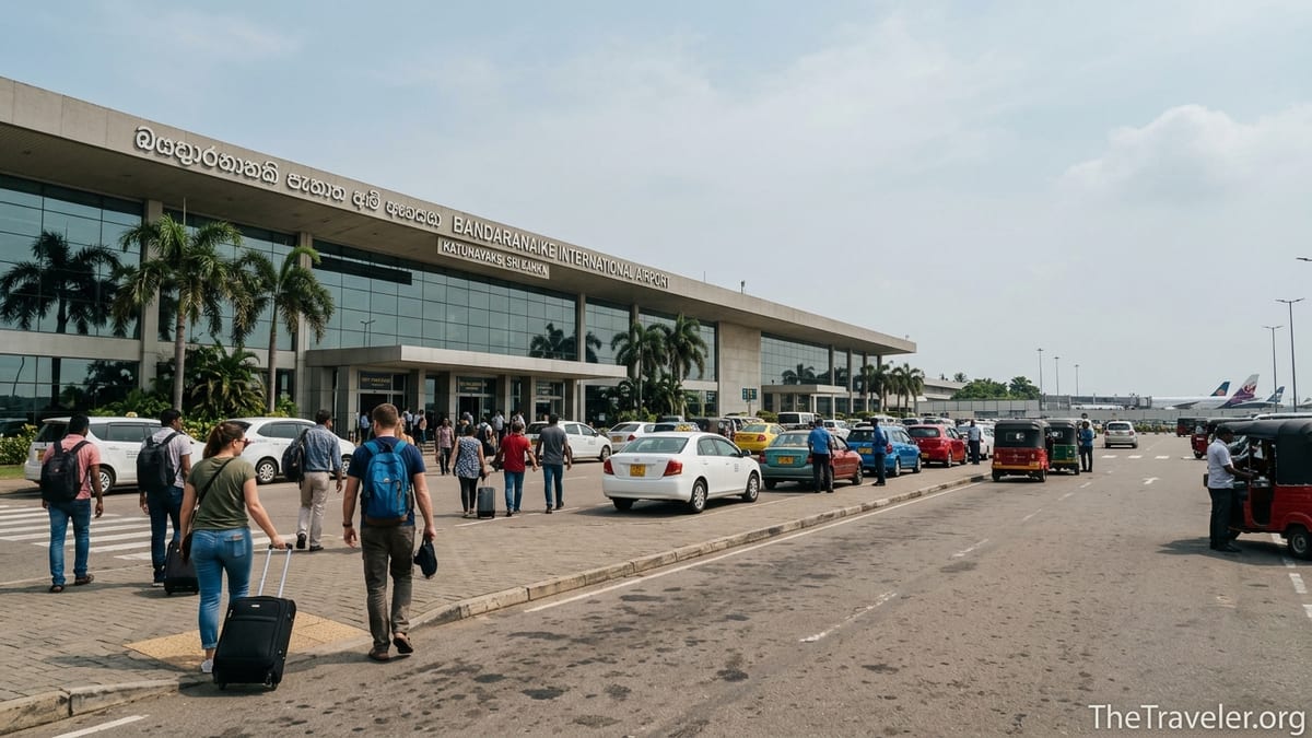 Travelers with luggage outside Bandaranaike International Airport taxi and pickup area in Sri Lanka.