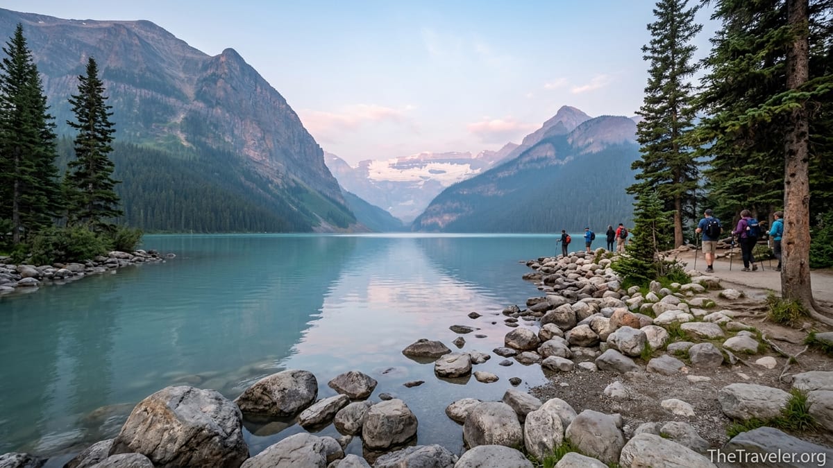 Calm morning at Lake Louise with hikers strolling along the lakeshore trail in Banff National Park.
