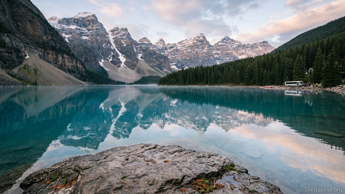 Calm turquoise lake in Banff surrounded by peaks and forest on a clear morning.