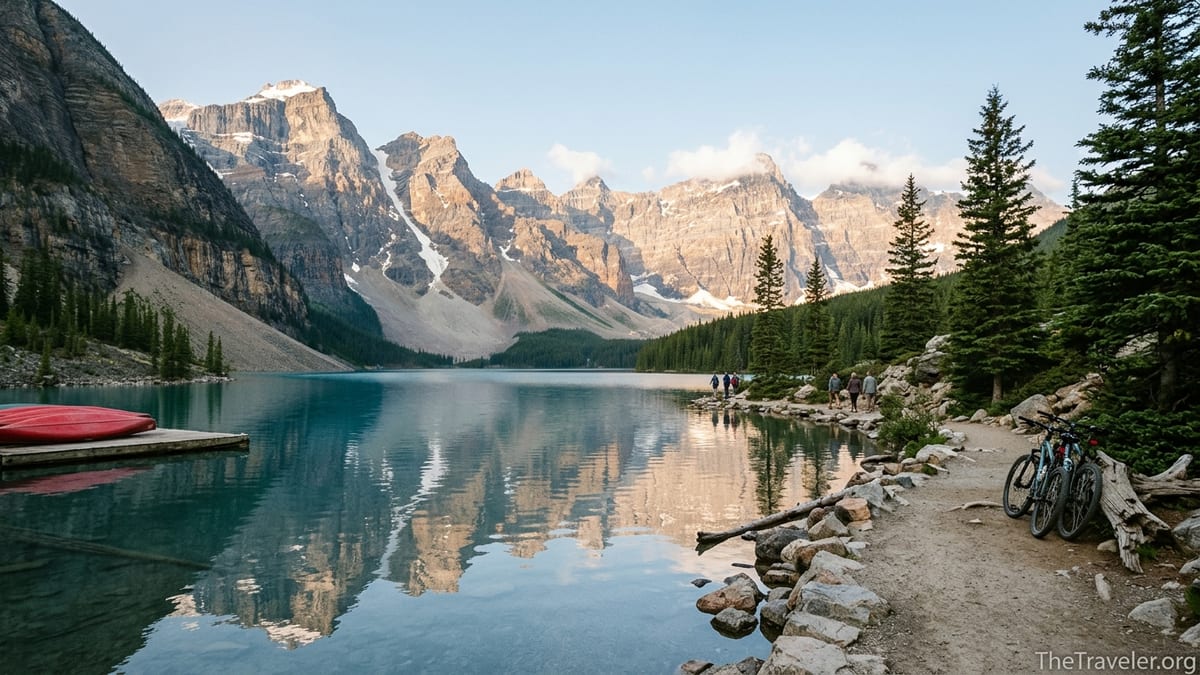 Early morning view of Moraine Lake with turquoise water, peaks and quiet shoreline trail.
