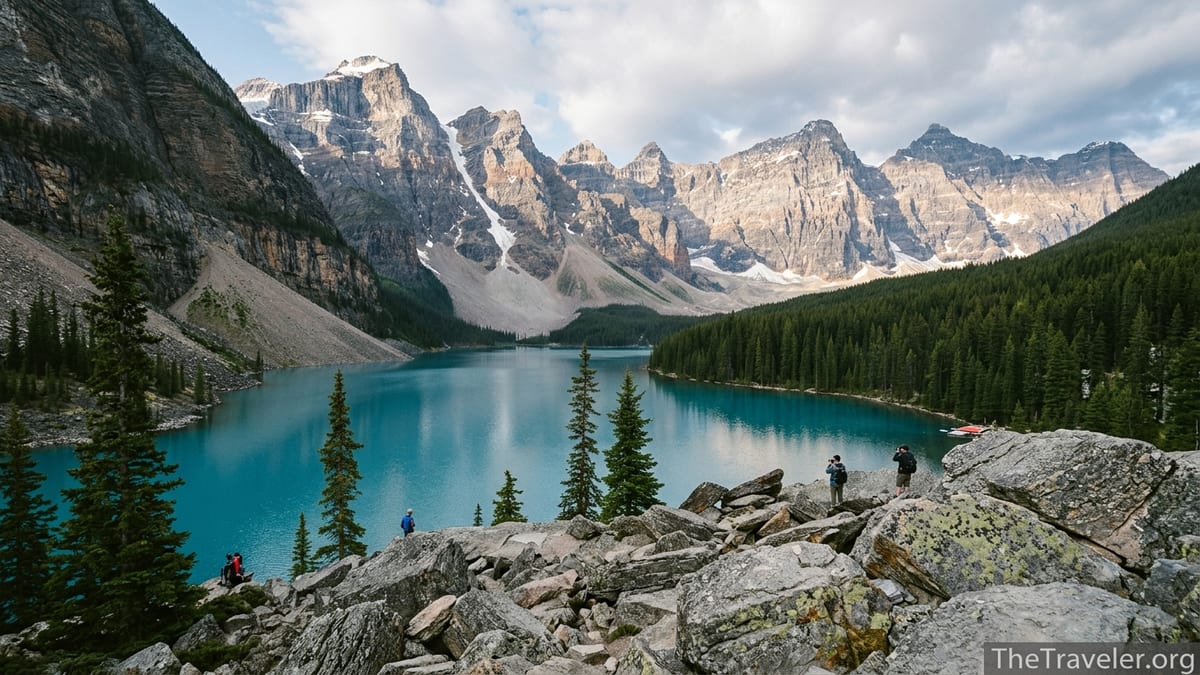 Morning view over Moraine Lake and the Valley of the Ten Peaks in Banff National Park.