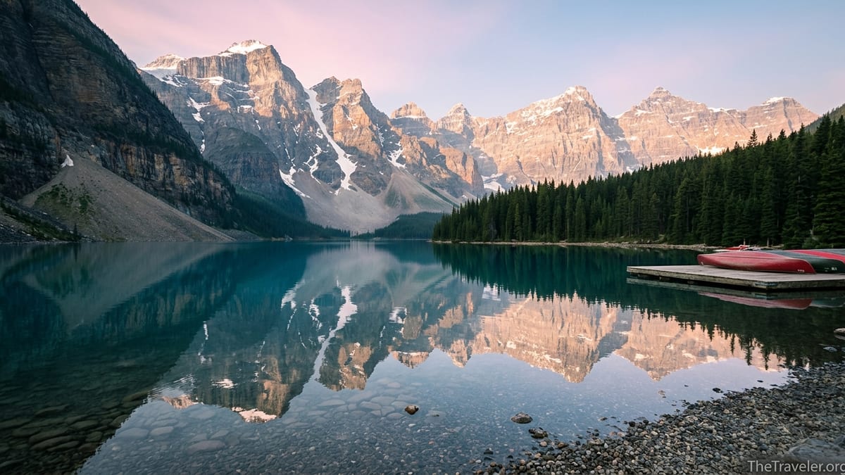 Sunrise over a turquoise Banff lake with canoes and rugged snow-capped peaks reflected in calm water.