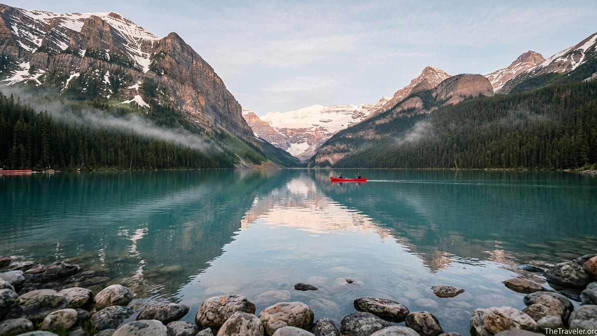 Sunrise over Lake Louise in Banff National Park with turquoise water, snowy peaks and a small canoe on the lake.