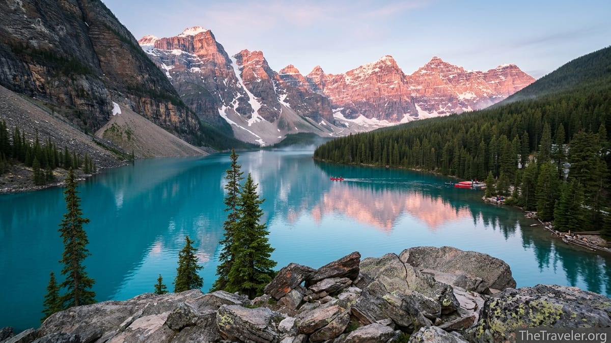 Sunrise over Moraine Lake and the Valley of the Ten Peaks in Banff National Park.