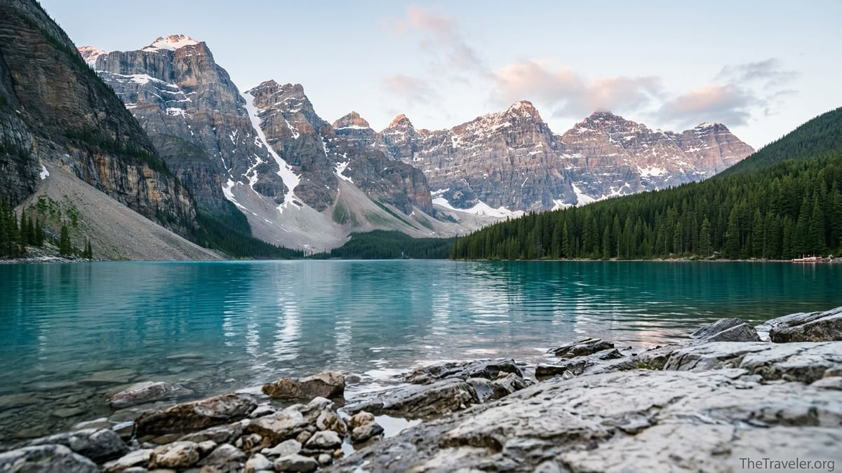 Turquoise Moraine Lake with snow-capped peaks and evergreen forest at sunrise in Banff National Park.