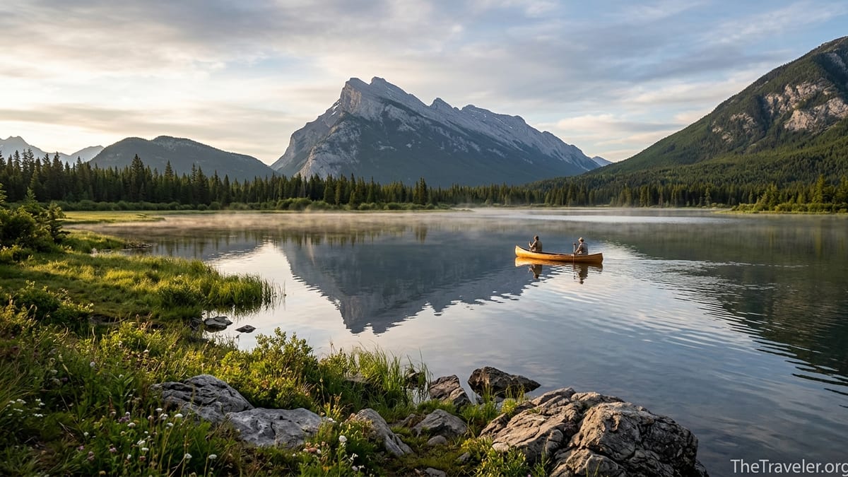 Early summer sunset over Vermilion Lakes and Mount Rundle near Banff, with a canoe on calm water.