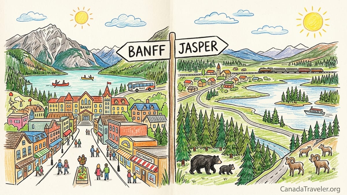 Aerial view of Banff and Jasper-style valleys with turquoise lakes and snow-capped Canadian Rockies at sunrise.