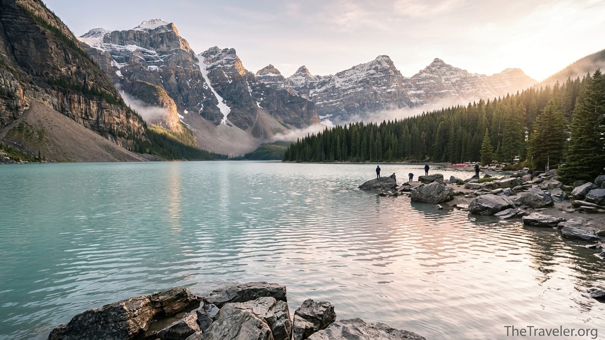 Sunrise over Moraine Lake in Banff National Park with calm turquoise water and distant hikers on lakeside rocks.