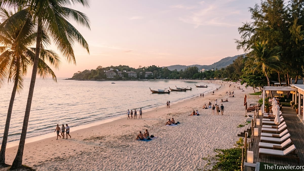 Golden hour view of Bang Tao Beach with calm sea, palm trees and a relaxed beach club terrace.