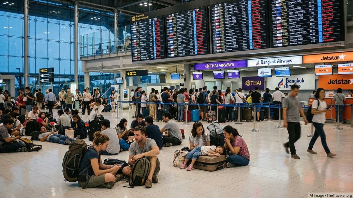 Stranded passengers crowd Bangkok airport under departure boards showing cancelled flights.