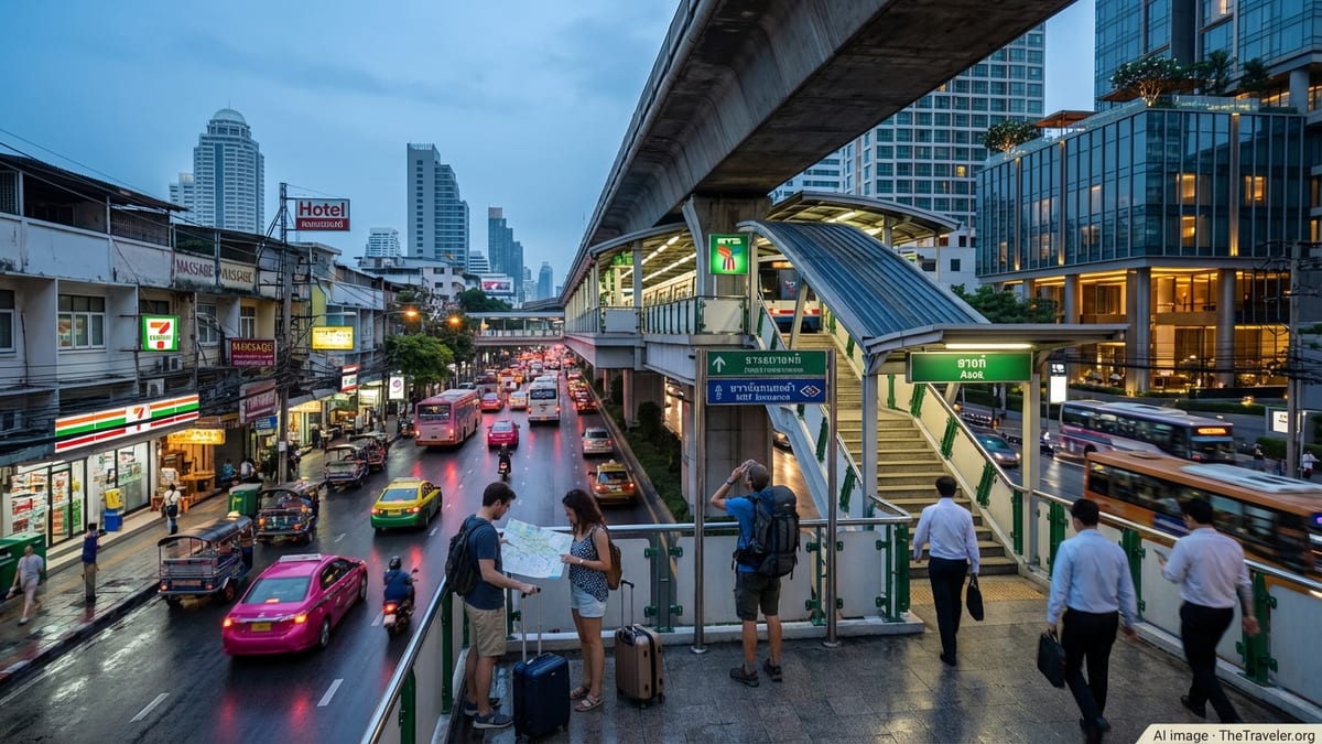 Bangkok cityscape at dusk, capturing the bustling Sukhumvit intersection with BTS Skytrain and pedestrians.