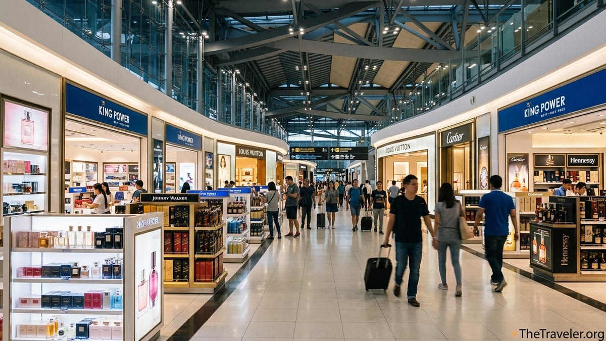 Travelers shopping in King Power duty-free and luxury boutiques at Bangkok Suvarnabhumi Airport.