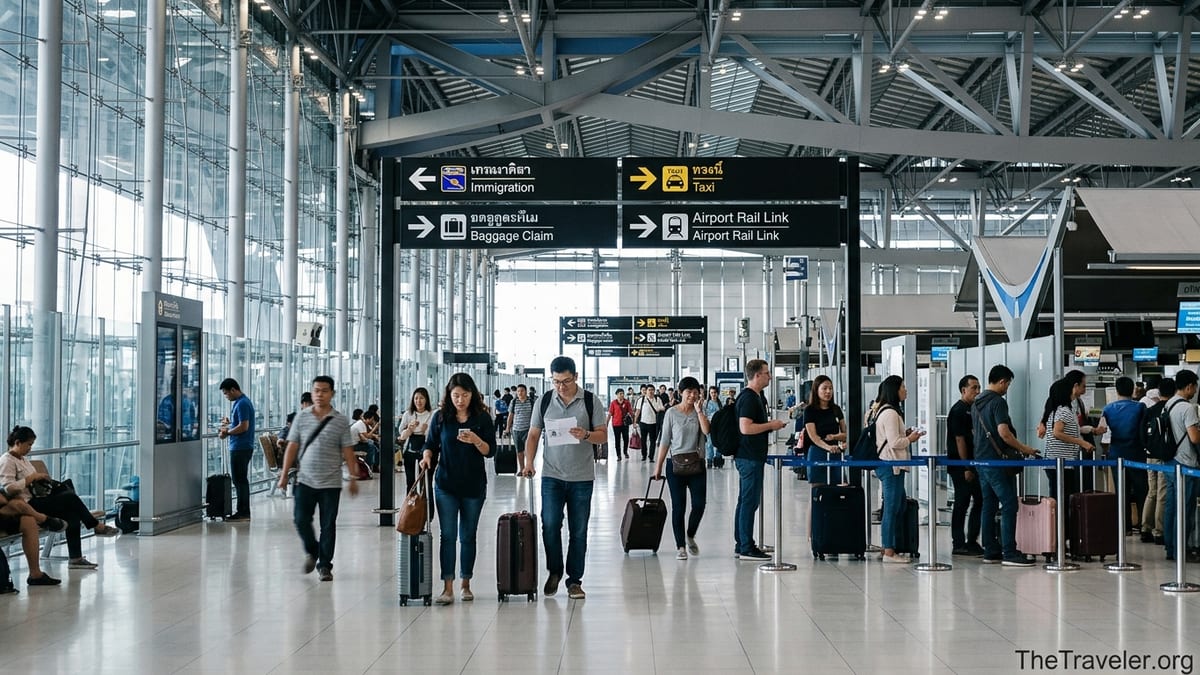 Travelers walking through Bangkok Suvarnabhumi Airport arrivals hall following signs to immigration and transport.