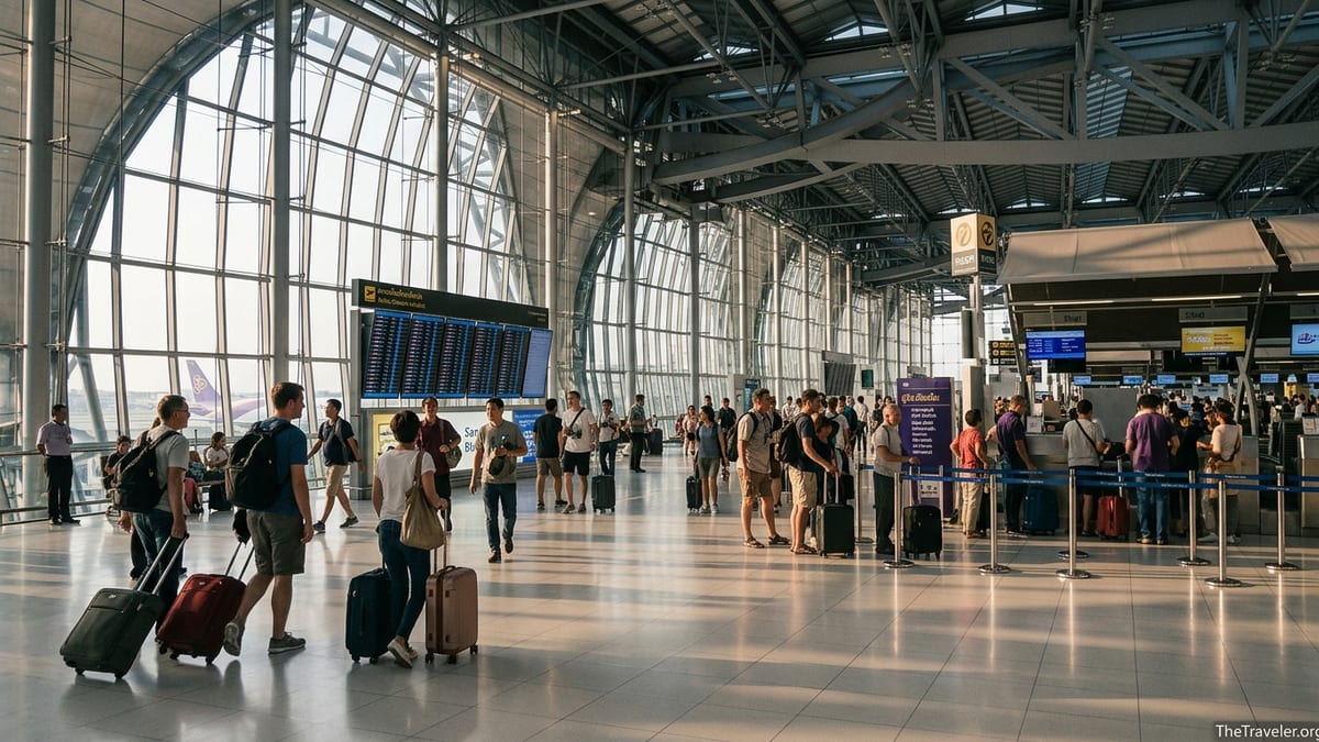 Travelers walking through Bangkok Suvarnabhumi Airport’s bright glass departure hall with check-in counters and flight boards