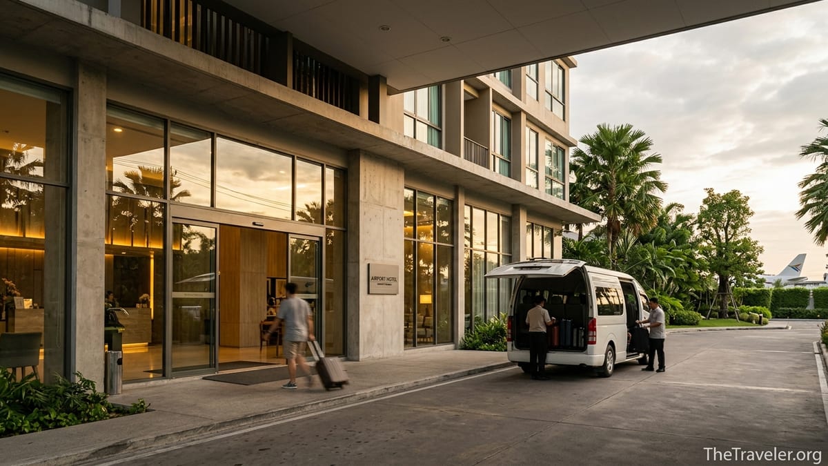 Traveler walking into a modern airport hotel near Bangkok Suvarnabhumi at sunset with shuttle van waiting.