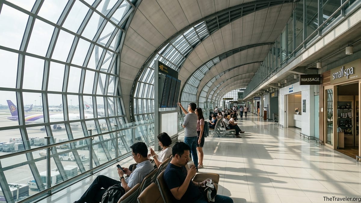 Travelers relaxing in a bright concourse at Bangkok Suvarnabhumi Airport during a layover.