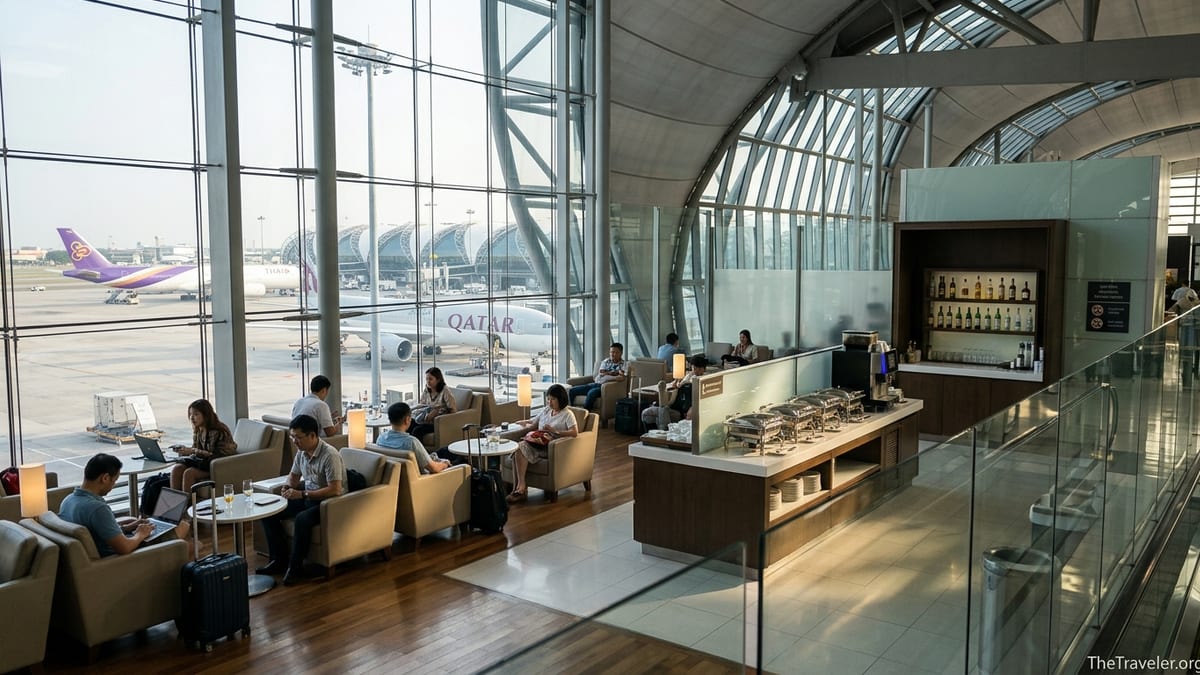 Travelers relaxing in a bright airport lounge at Bangkok Suvarnabhumi with tarmac views.