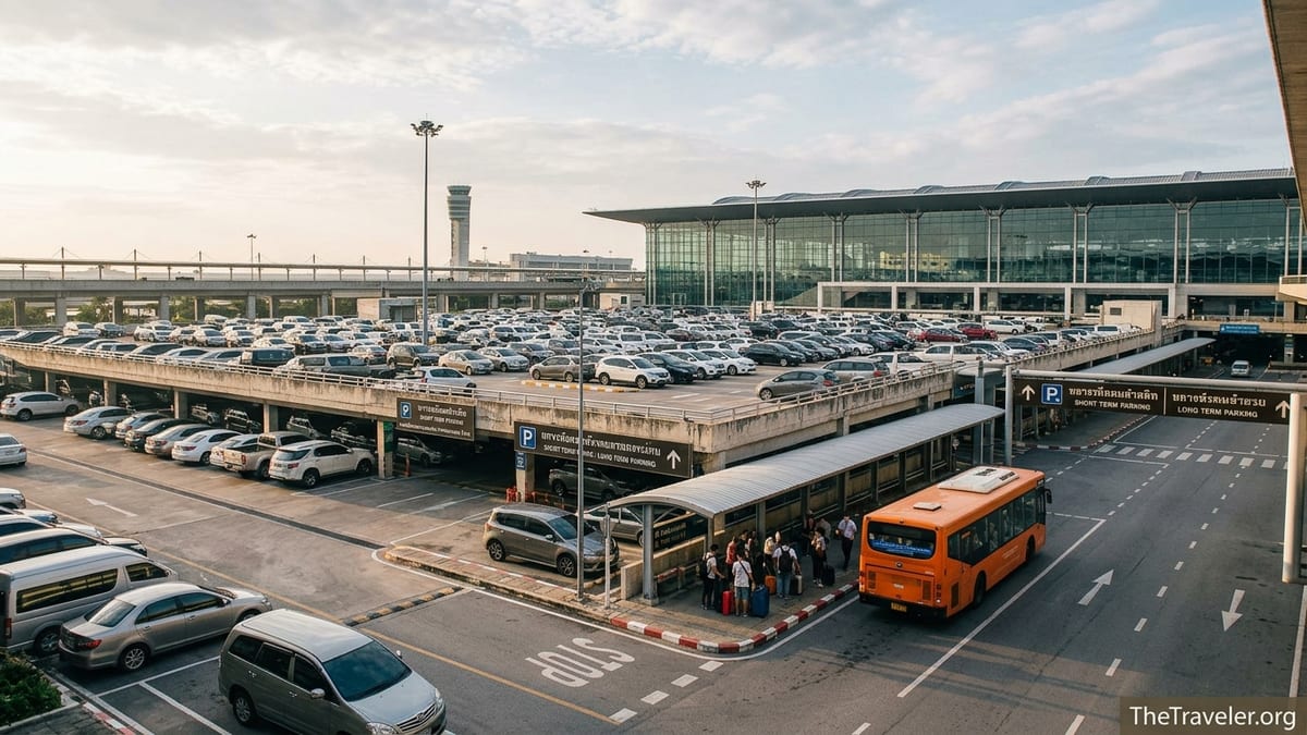 Cars parked in a multistory garage at Suvarnabhumi Airport with a shuttle bus and terminal in the background.