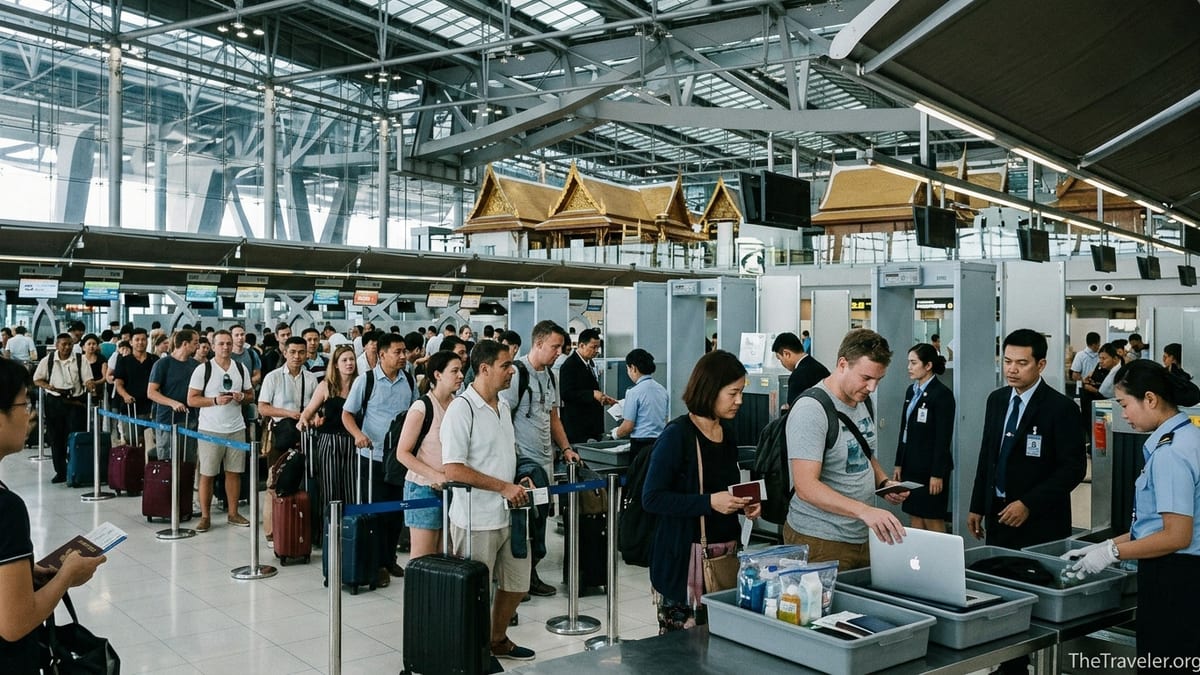 Travelers queue at security and immigration in Bangkok Suvarnabhumi Airport departures hall.