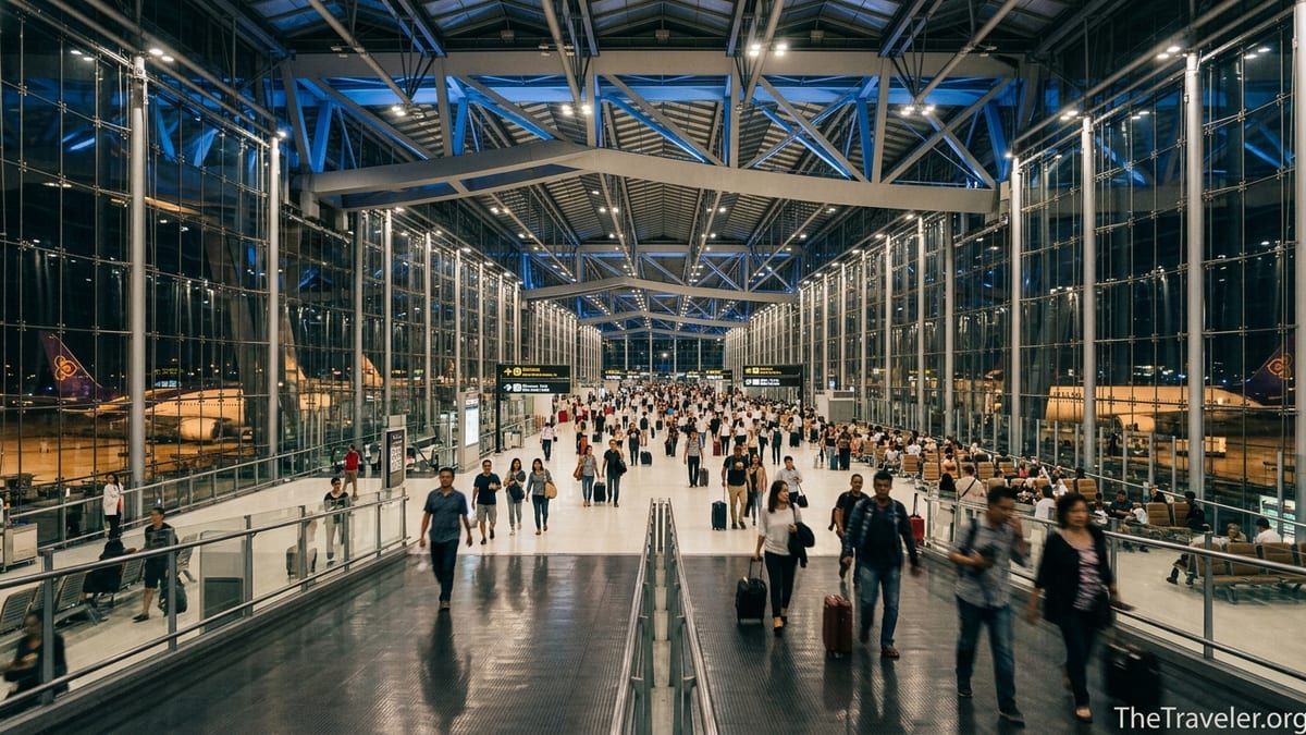 Busy nighttime concourse inside Bangkok Suvarnabhumi Airport with travelers walking toward departure gates.
