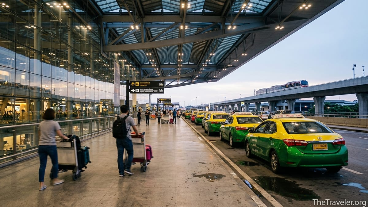 Travelers queue for taxis beneath the illuminated terminal roof at Bangkok Suvarnabhumi Airport in the evening.