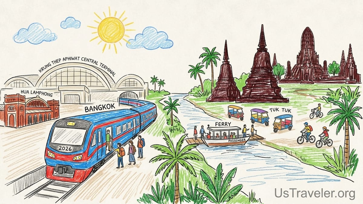 Travelers step off a train at Ayutthaya station in morning light, beginning the short trip toward the historical park.