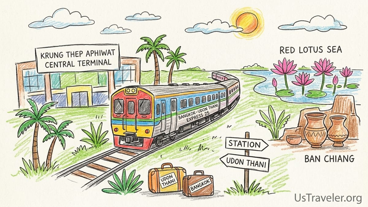 Night departure of a sleeper train at Bangkok’s Krung Thep Aphiwat station with travelers and luggage