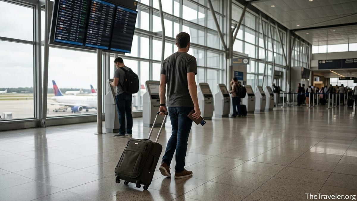 Traveler in an airport terminal paying with a premium credit card at check-in kiosks.