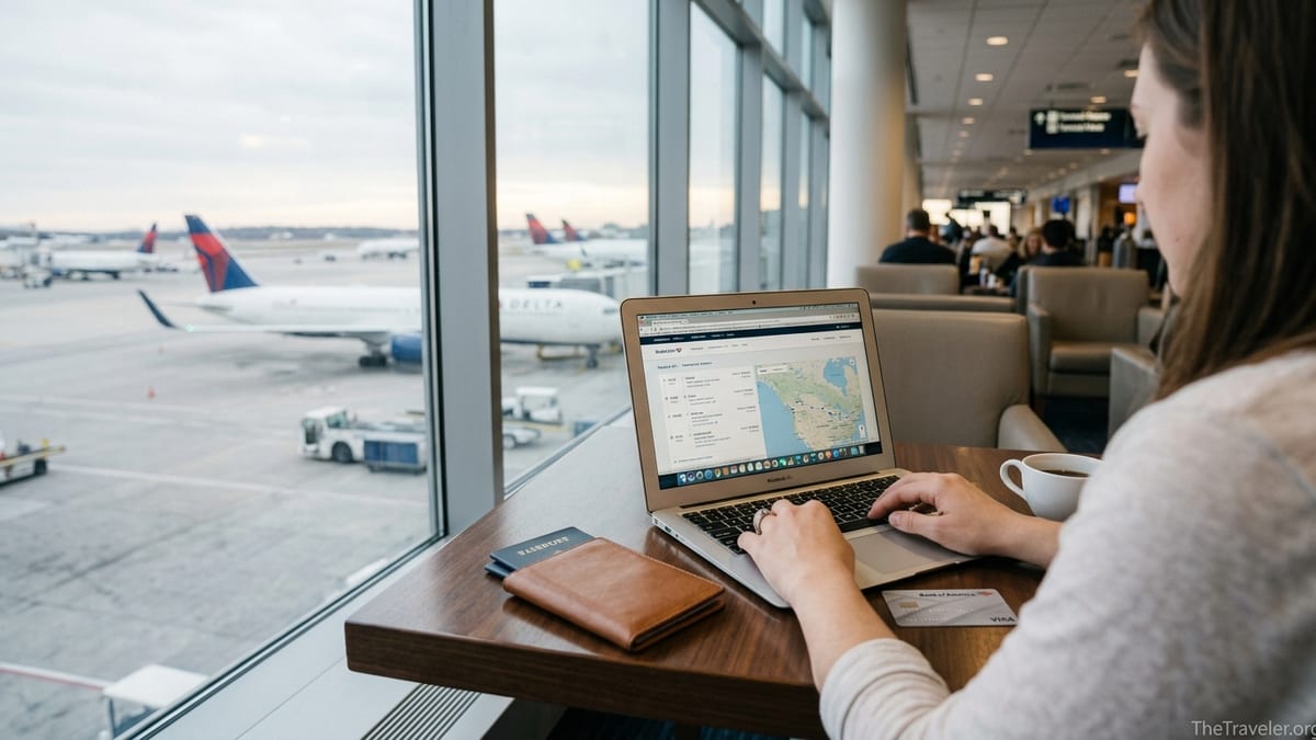 Traveler in an airport lounge reviewing a credit card and laptop before a flight.