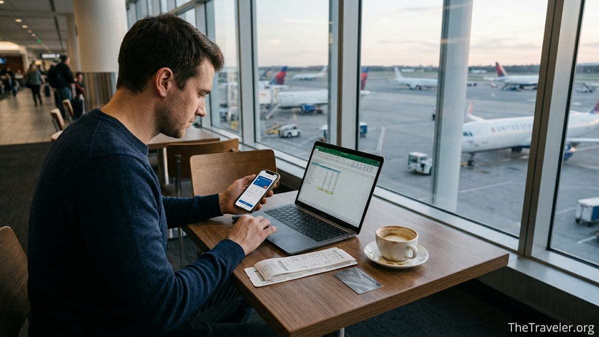 Traveler in an airport lounge reviewing credit card rewards on a laptop with planes outside.