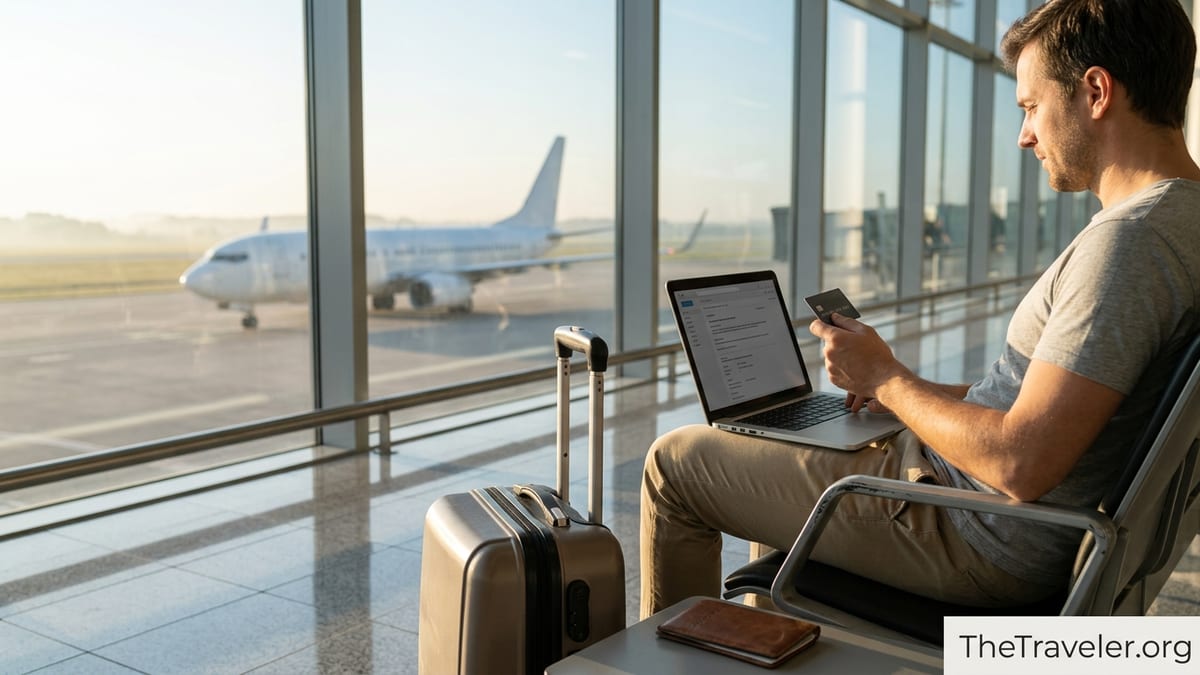Traveler in an airport lounge at sunrise holding a credit card with a plane visible through large windows.