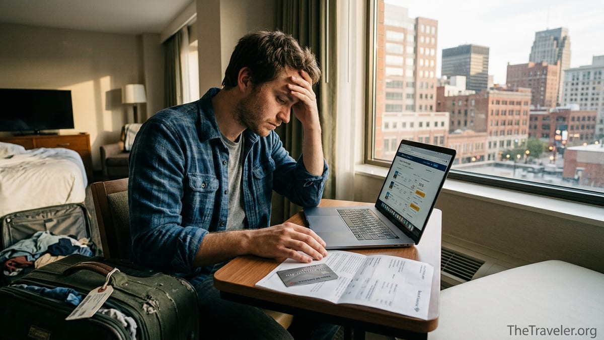 Traveler in a hotel room reviewing Bank of America credit card statements before a trip.