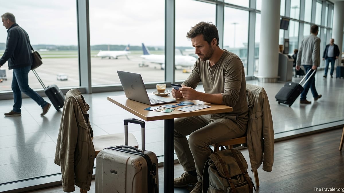 Traveler in an airport café reviewing credit cards and statements before a flight.