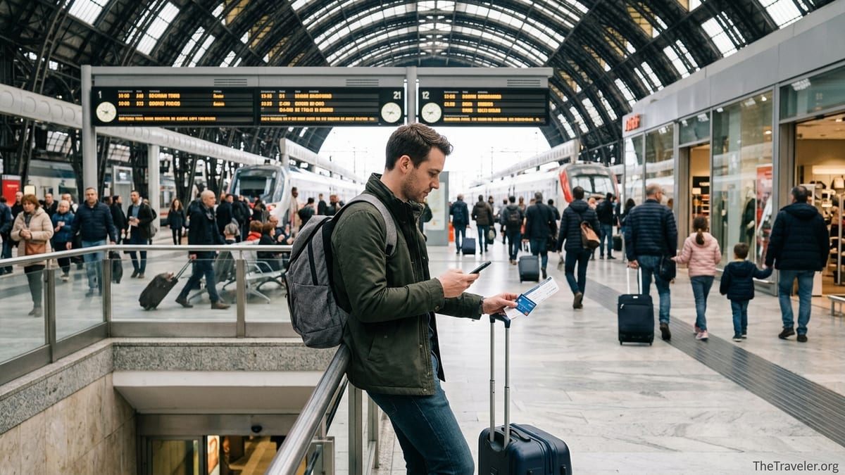 Traveler holding a credit card and phone in a busy European train station.