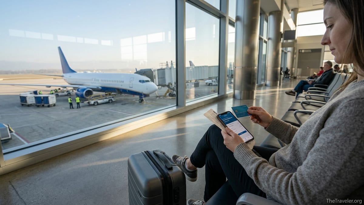 Traveler at an airport gate holding a credit card and phone with suitcase nearby.