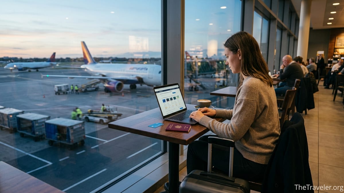 Traveler at airport café reviewing credit card details before an international flight.