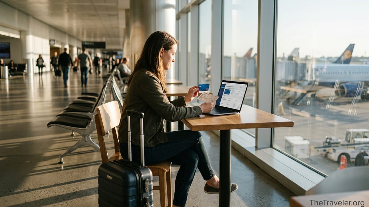 Traveler in airport checking credit card rewards on laptop before flight