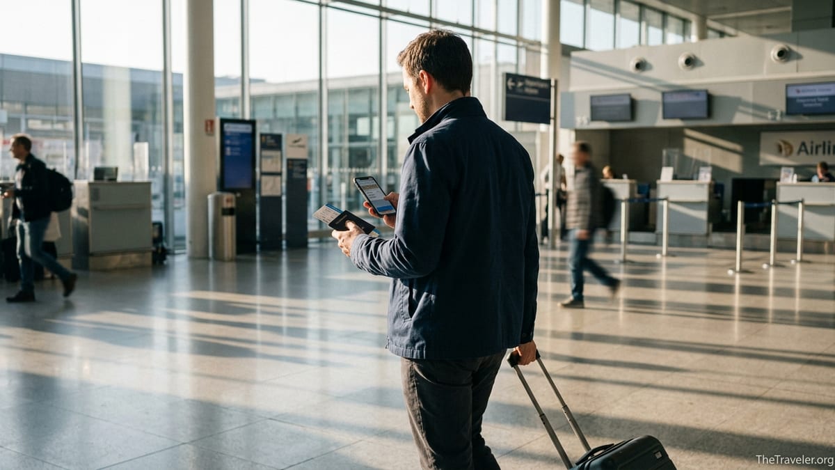 Traveler at airport holding a credit card and carry-on bag in morning light.