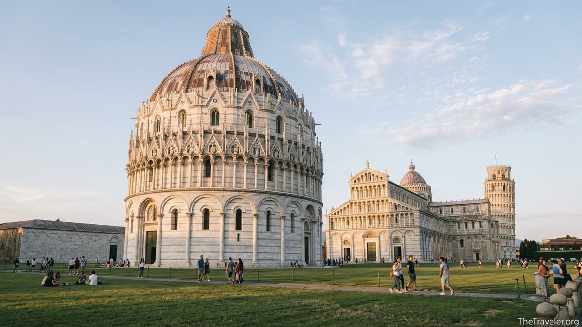 Baptistery of St John in Pisa with cathedral and Leaning Tower at golden hour in Piazza dei Miracoli.