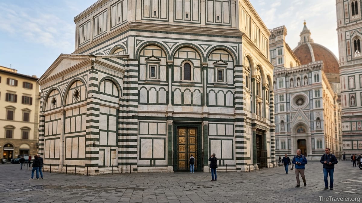 Early morning view of Florence’s Baptistery of San Giovanni with soft light and few visitors in Piazza del Duomo.