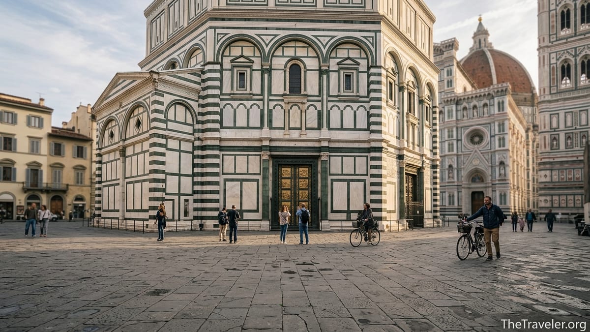 Florence’s Baptistery of San Giovanni with Duomo dome behind on a quiet morning.