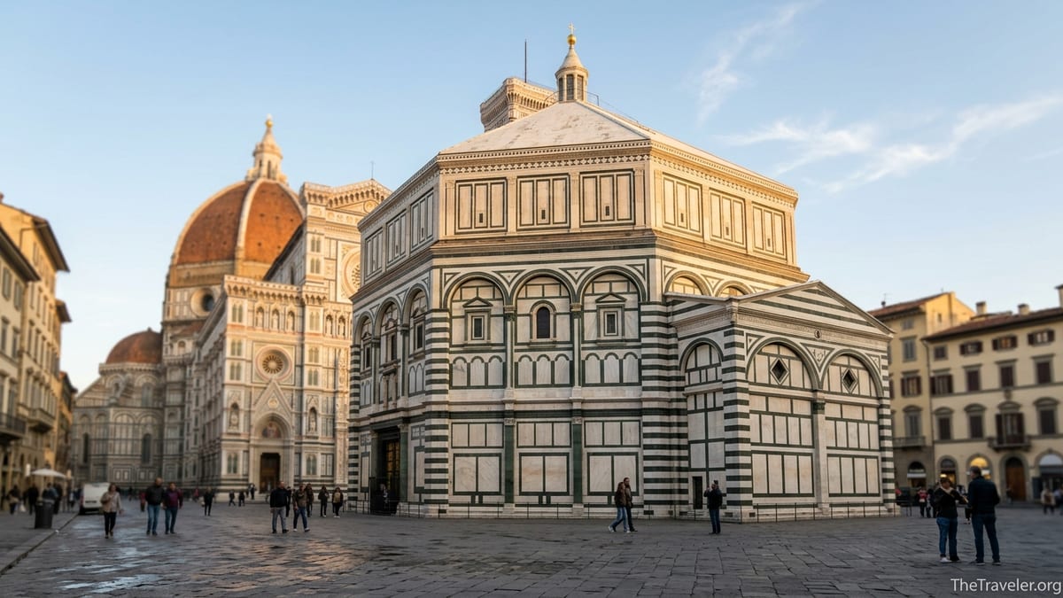 Baptistery of San Giovanni in Florence at golden hour with visitors in Piazza del Duomo.