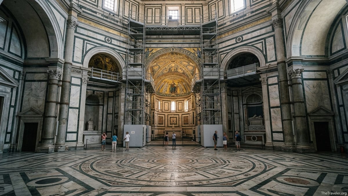 Interior of Florence’s Baptistery of San Giovanni showing marble floor, mosaics and restoration scaffolding.