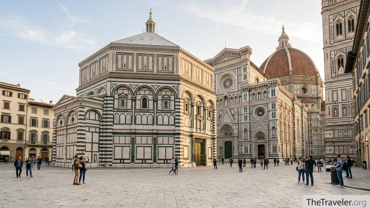 Florence’s Duomo and the Baptistery of San Giovanni at golden hour with visitors in Piazza del Duomo.