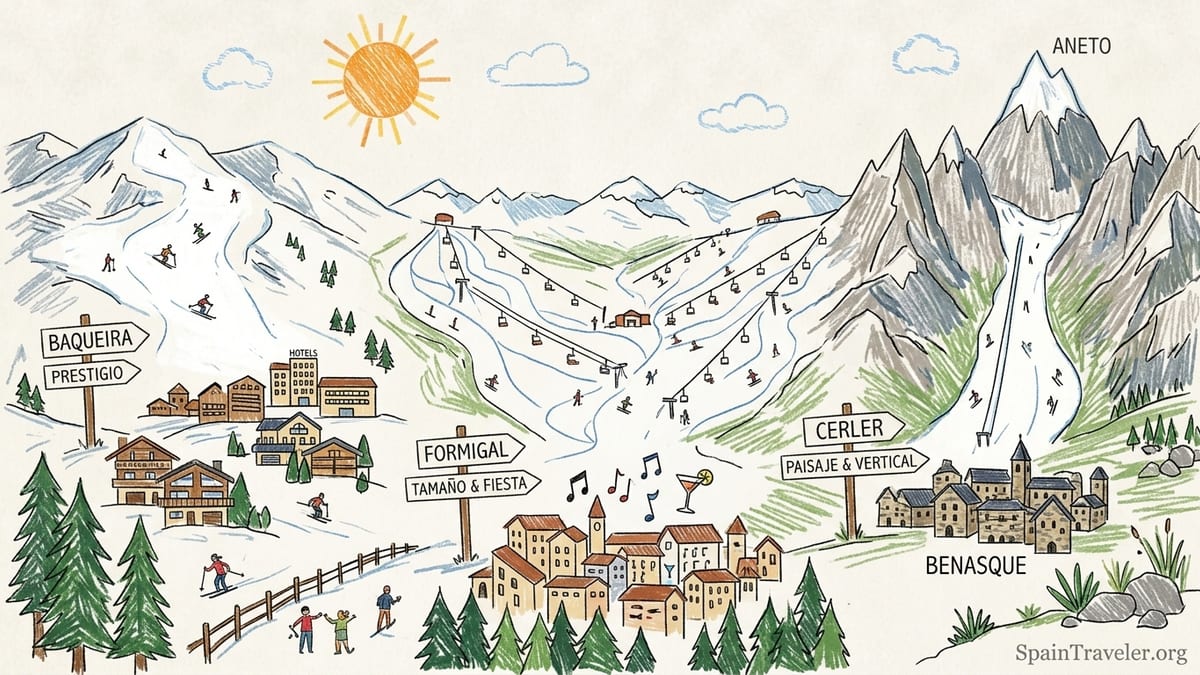 Panoramic winter view of Baqueira, Formigal and Cerler ski terrain in the Spanish Pyrenees.