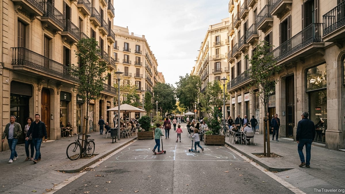 Pedestrian-friendly superblock street in Barcelona’s Eixample with cafes, trees and historic apartment facades.