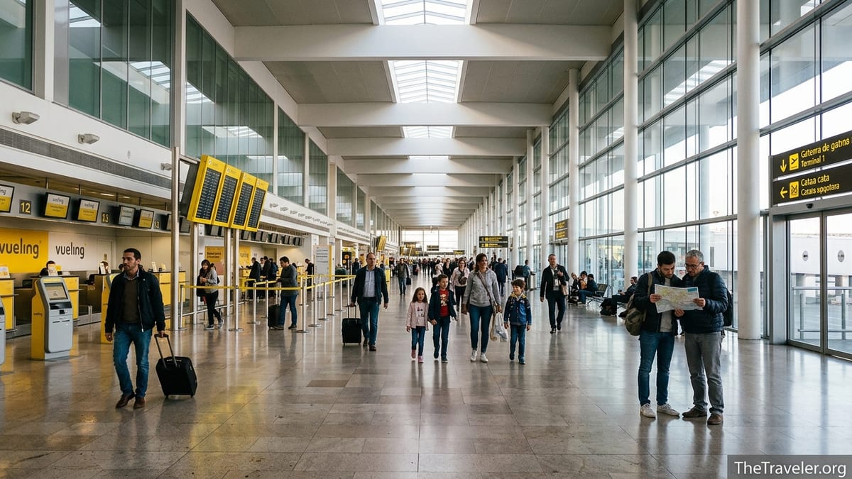 Travelers walking through the bright departures hall of Barcelona El Prat Airport Terminal 1.